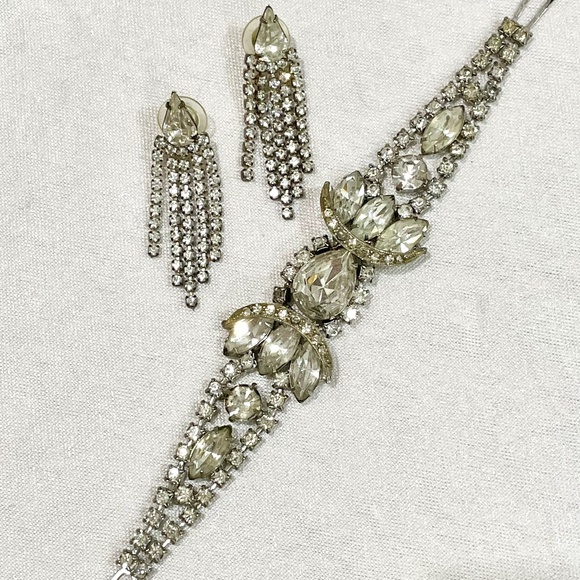 Vintage Art Deco Rhinestone Crystal Bracelet Earrings Bridal Jewelry Estate - Picture 1 of 11